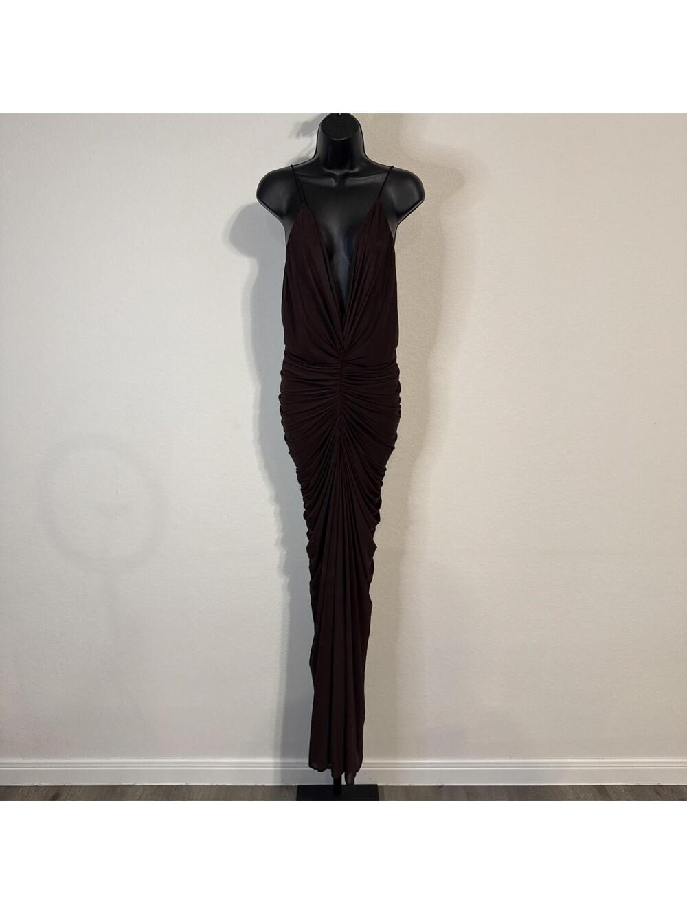 Ronny Kobo Anya Spaghetti Strap Brown Ruched Maxi Cocktail Dress - XL - Picture 2 of 12